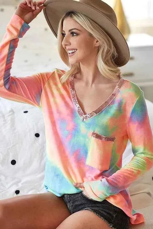 BiBi Tie Dye V-neck Terry Knit Top With Sequins