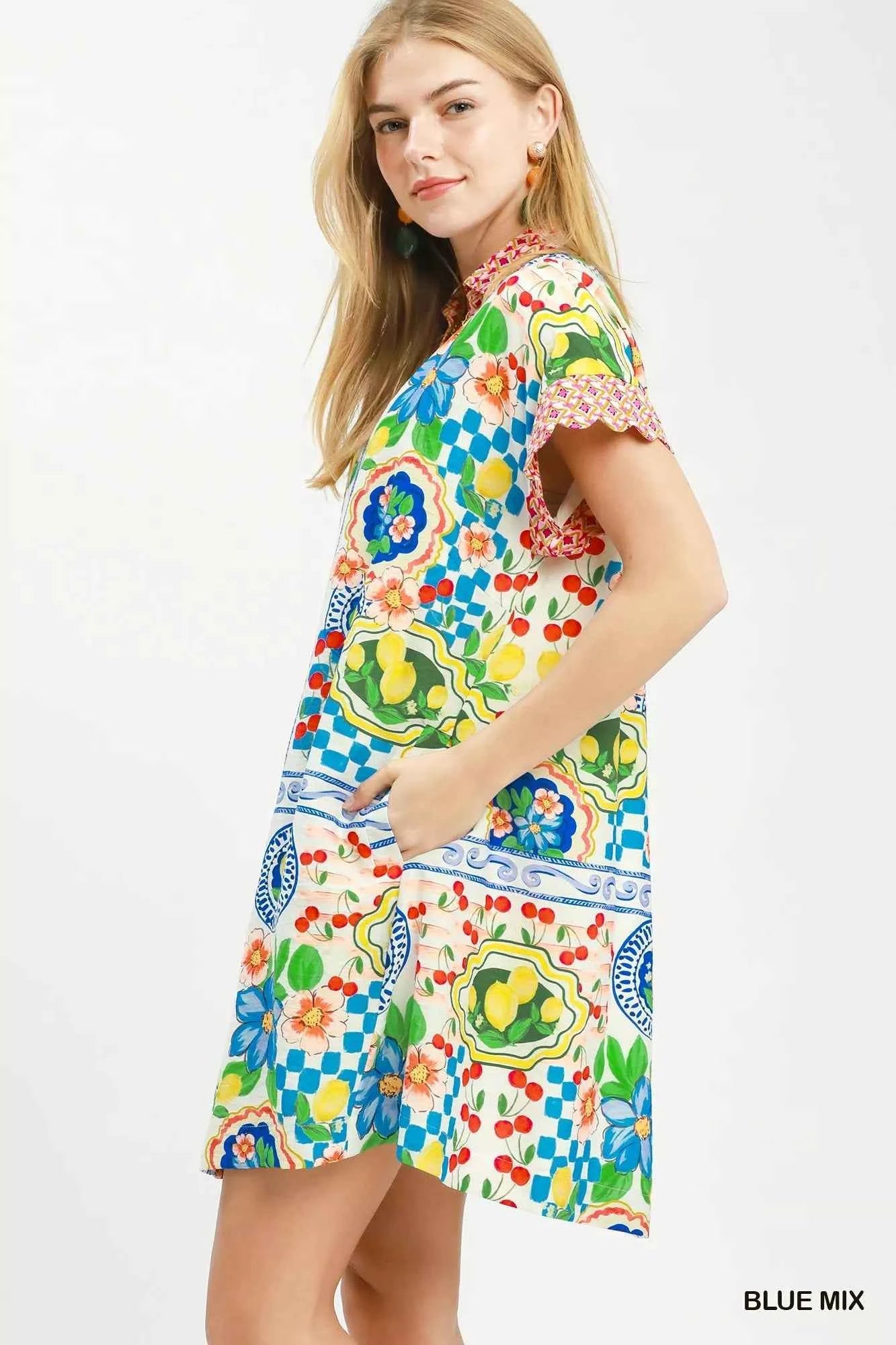 Umgee Mediterranean Print Dress with Contrast Printed Trim