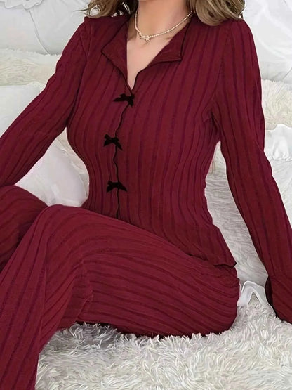 Ribbed Bow Front Top and Pants Lounge Set