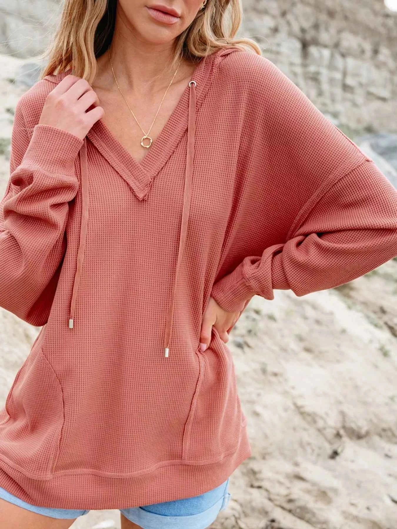 Drawstring V-Neck Waffle Knit Casual Hoodie