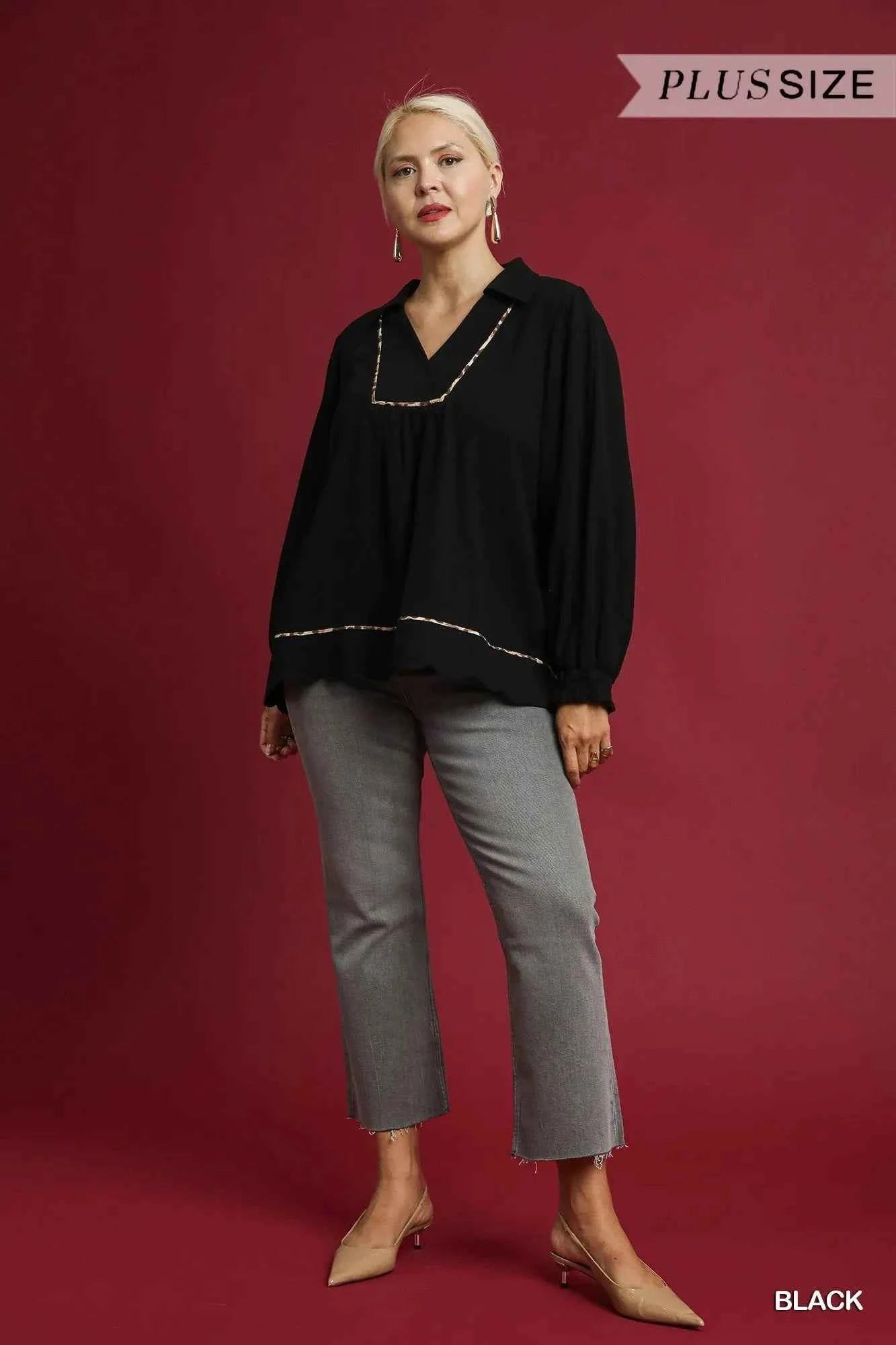 Umgee Full Size Linen Scallop Hem Blouse with Contrast Trim Plus Size