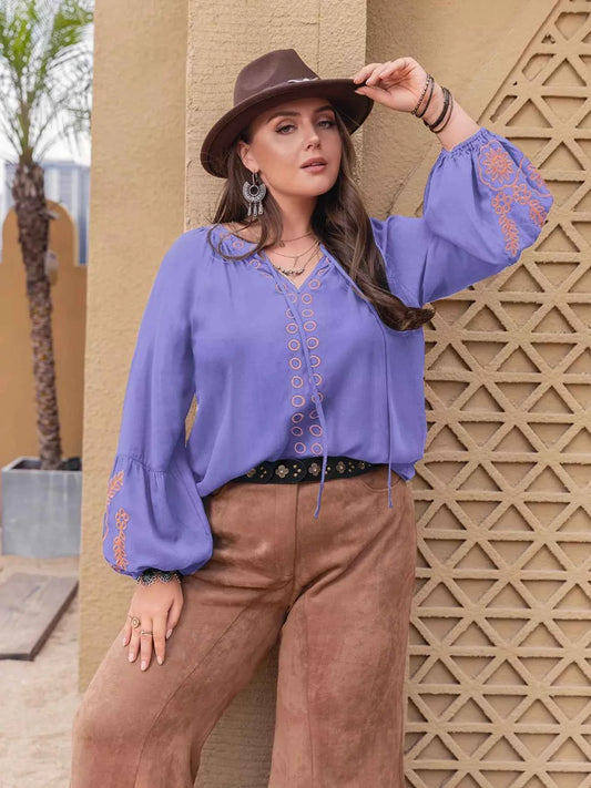 Plus Size Boho Embroidered Long Sleeve Blouse