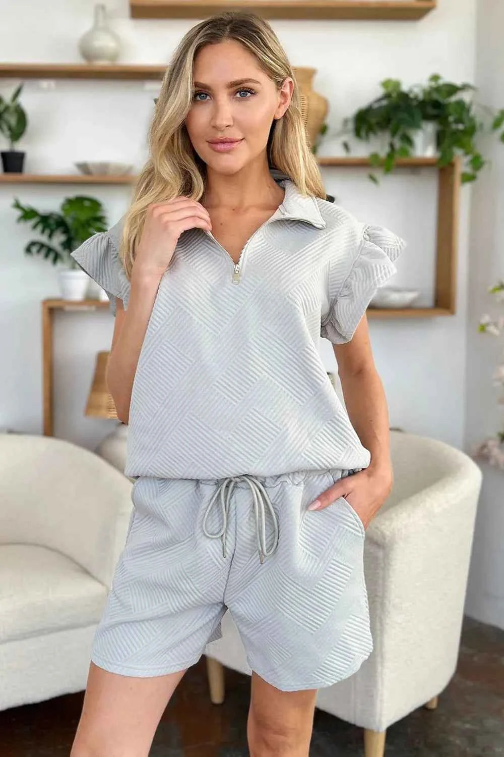 Double Take Full Size Texture Flounce Sleeve Top and Drawstring Shorts Set