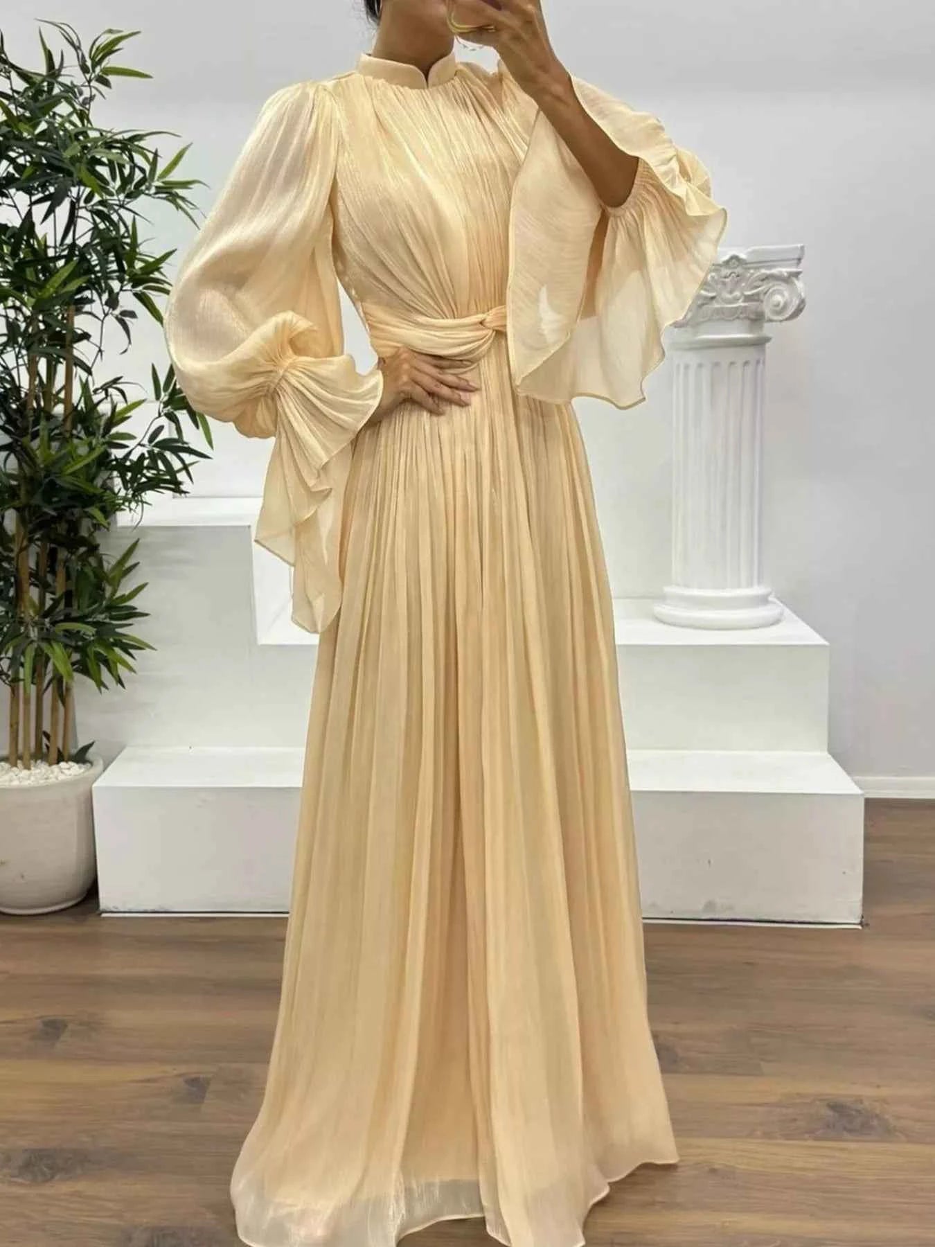 Pleated Mock Neck Long Sleeve Maxi Dress