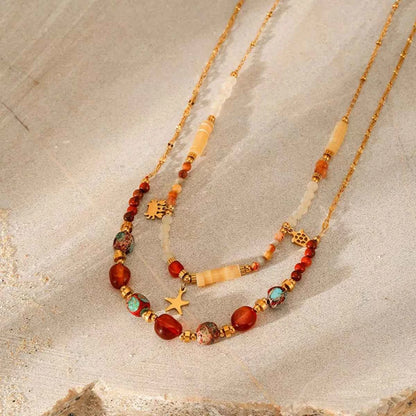 2 Piece 18K Gold-Plated Natural Stone Bead Necklace