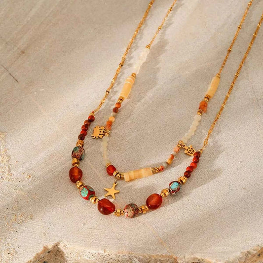 2 Piece 18K Gold-Plated Natural Stone Bead Necklace