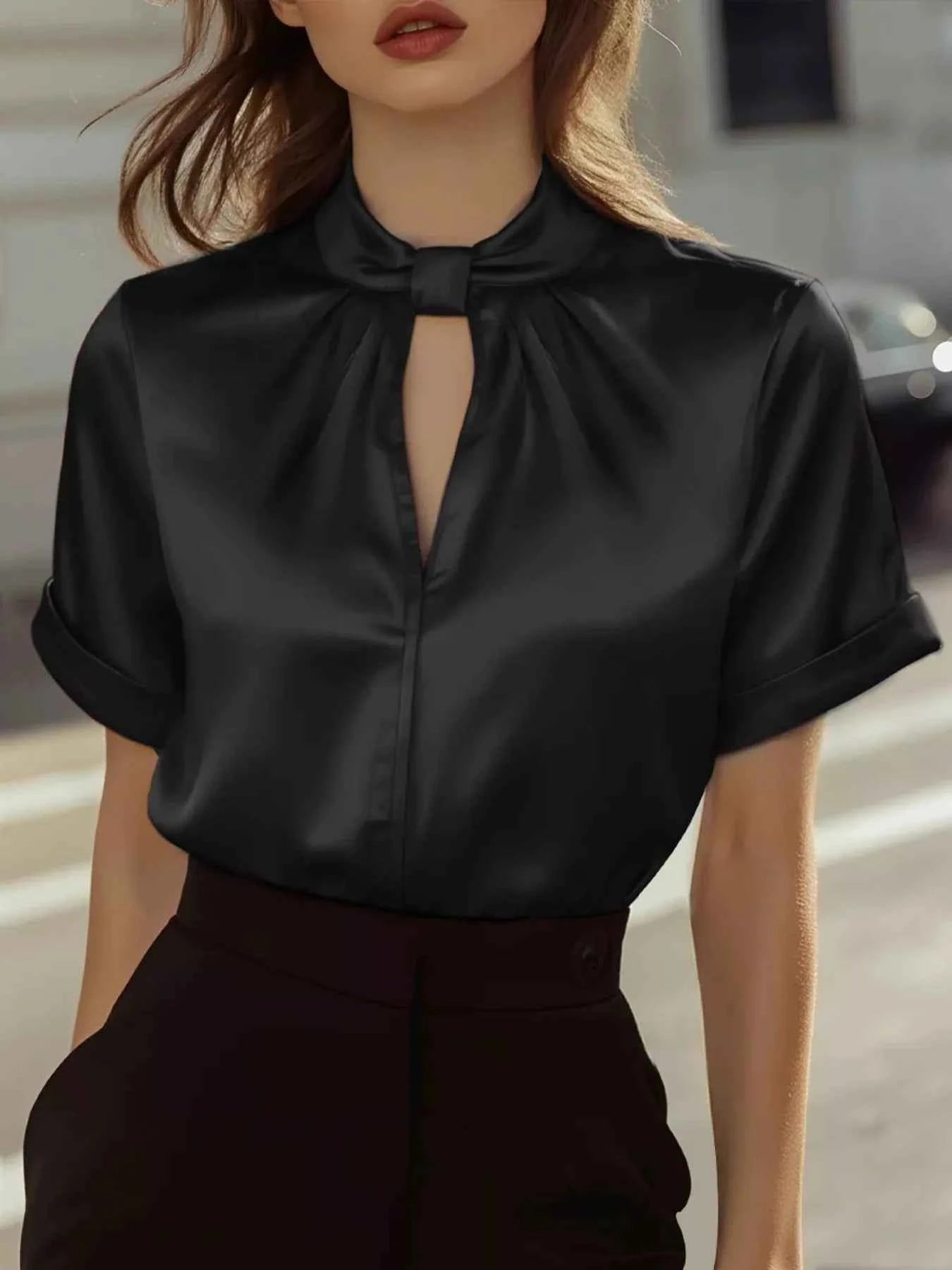 Keyhole Neck Satin Short Sleeve Blouse