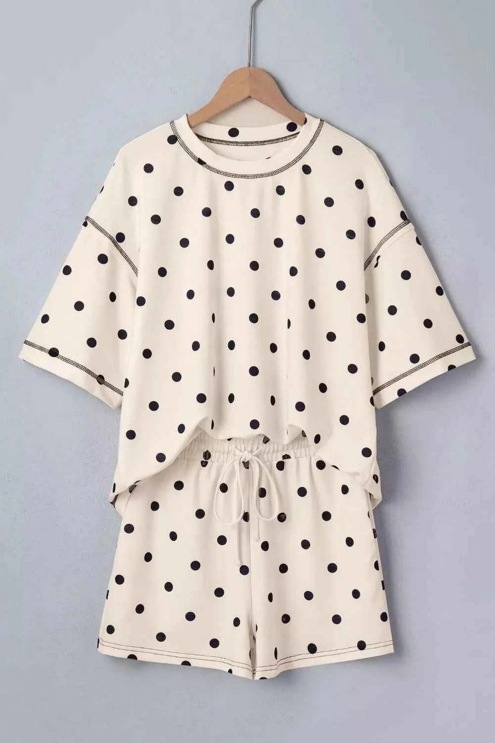 Exposed Seam Detail Polka Dot Loose Tee Drawstring Shorts Set