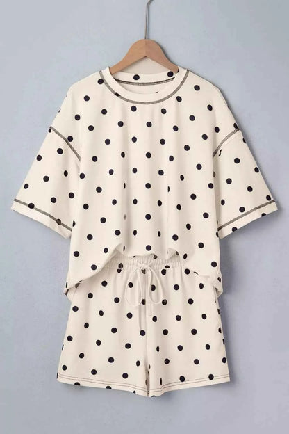 Exposed Seam Detail Polka Dot Loose Tee Drawstring Shorts Set