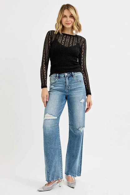 RISEN Full Size Mid Rise Fit Wide Baggy Leg Tie Washed Jeans Plus Size