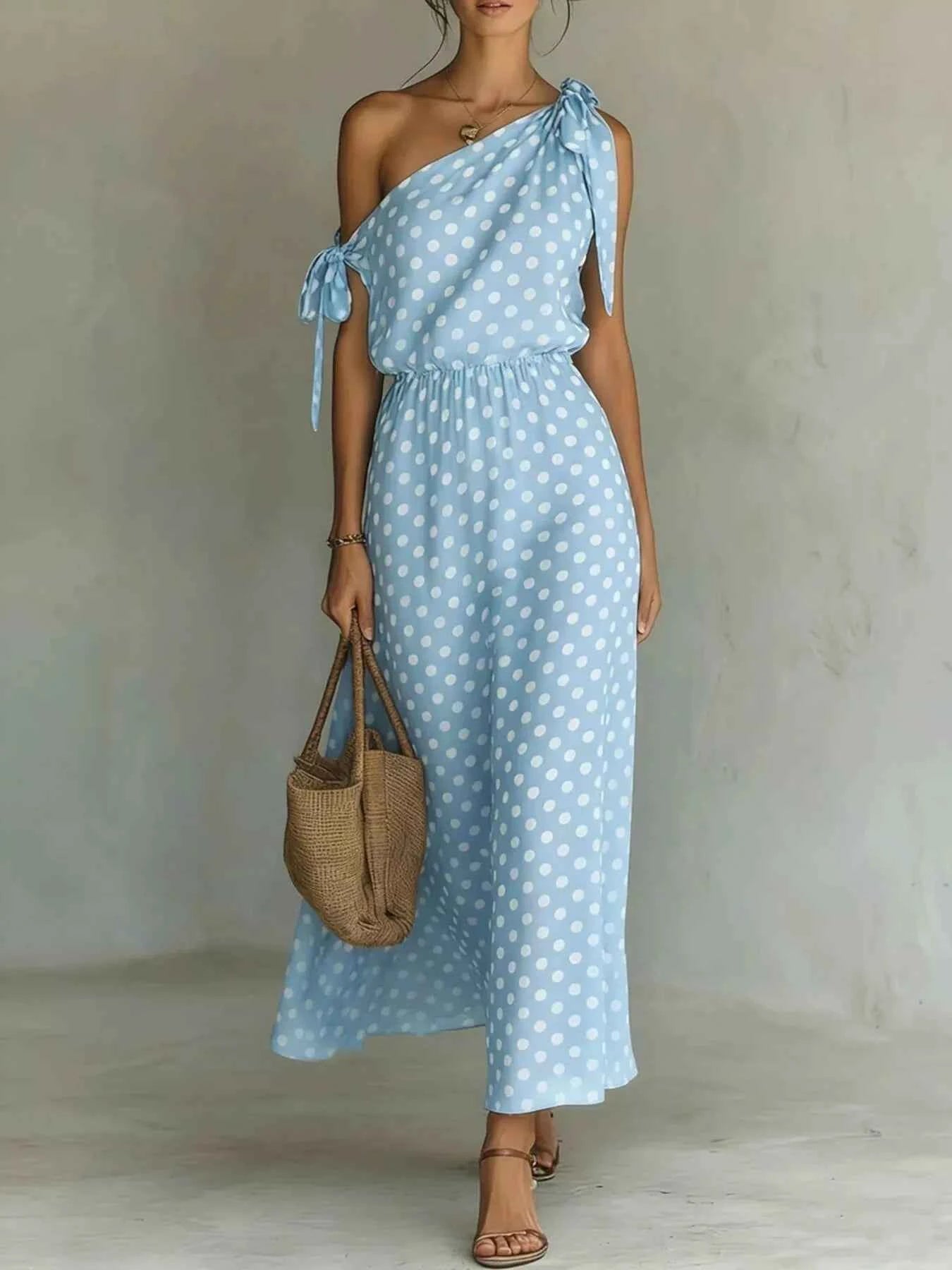 Full Size Polka Dot One-Shoulder Maxi Dress Plus Size