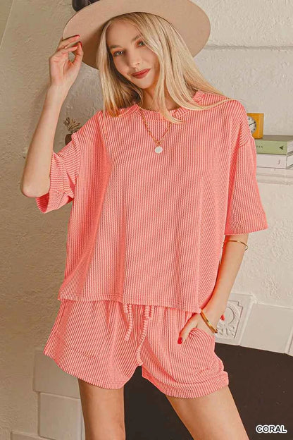 Zenana Raised Rib Short Sleeve Tee and Drawstring Shorts Set