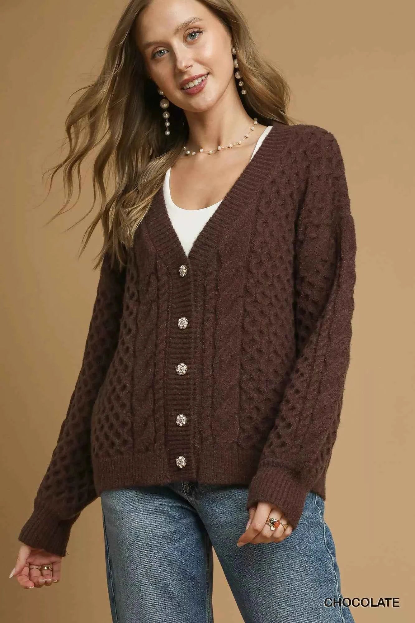 Umgee Cable Knit Pearl Button Cardigan