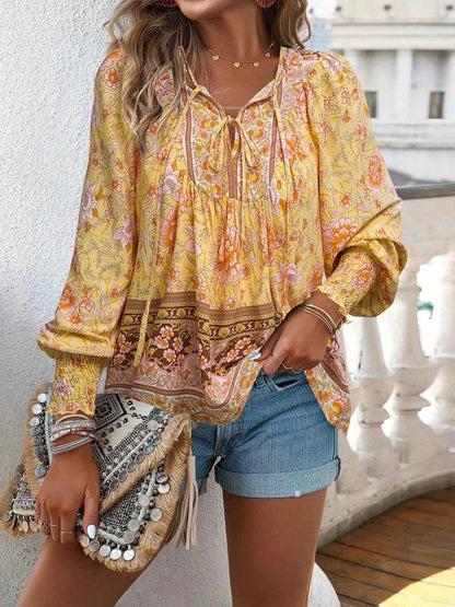 Floral Print Tie Neck Bohemian Blouse