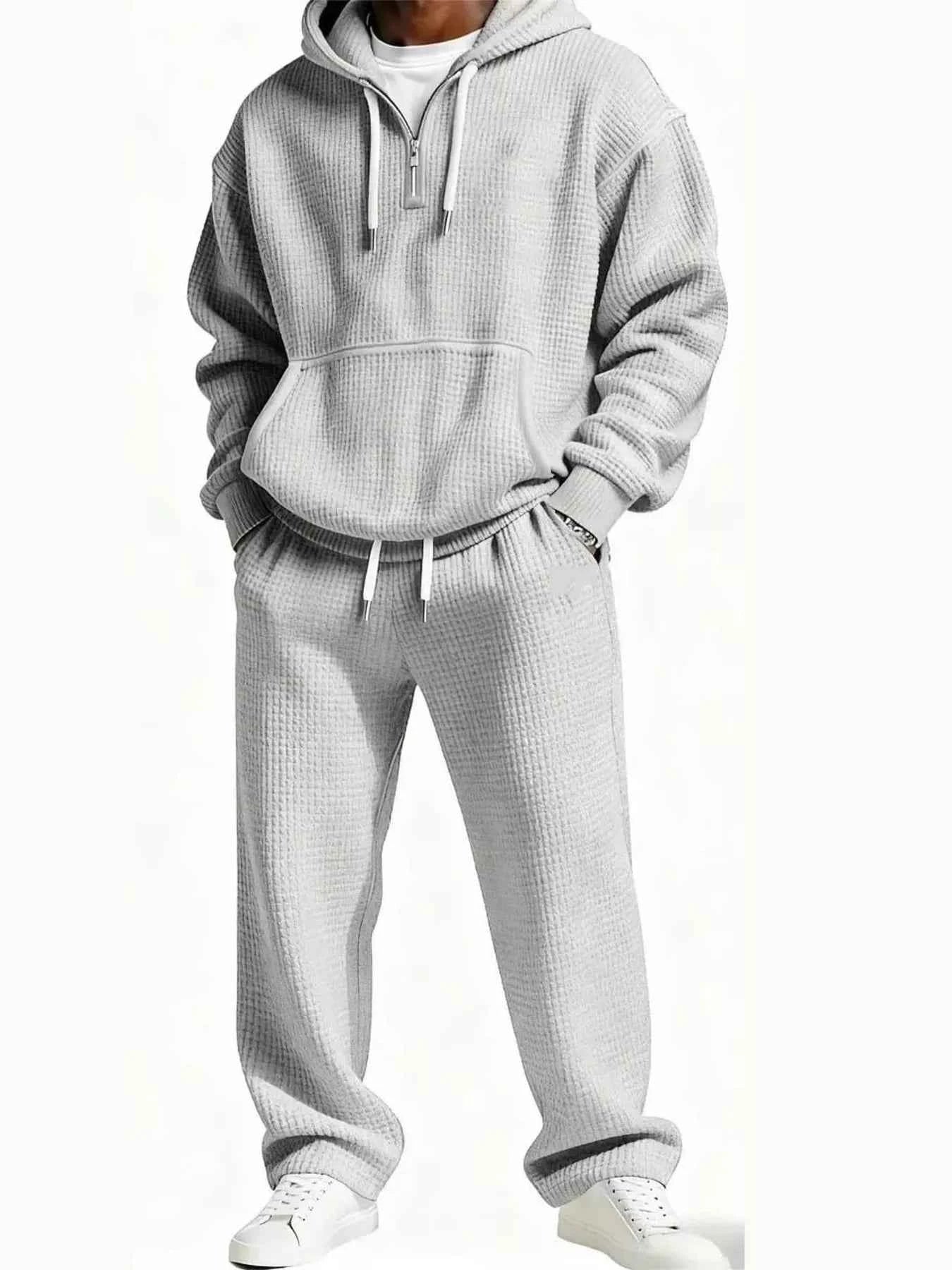 Men's Full Size Casual Waffle Knit Hoodie and Pants Set Plus Size