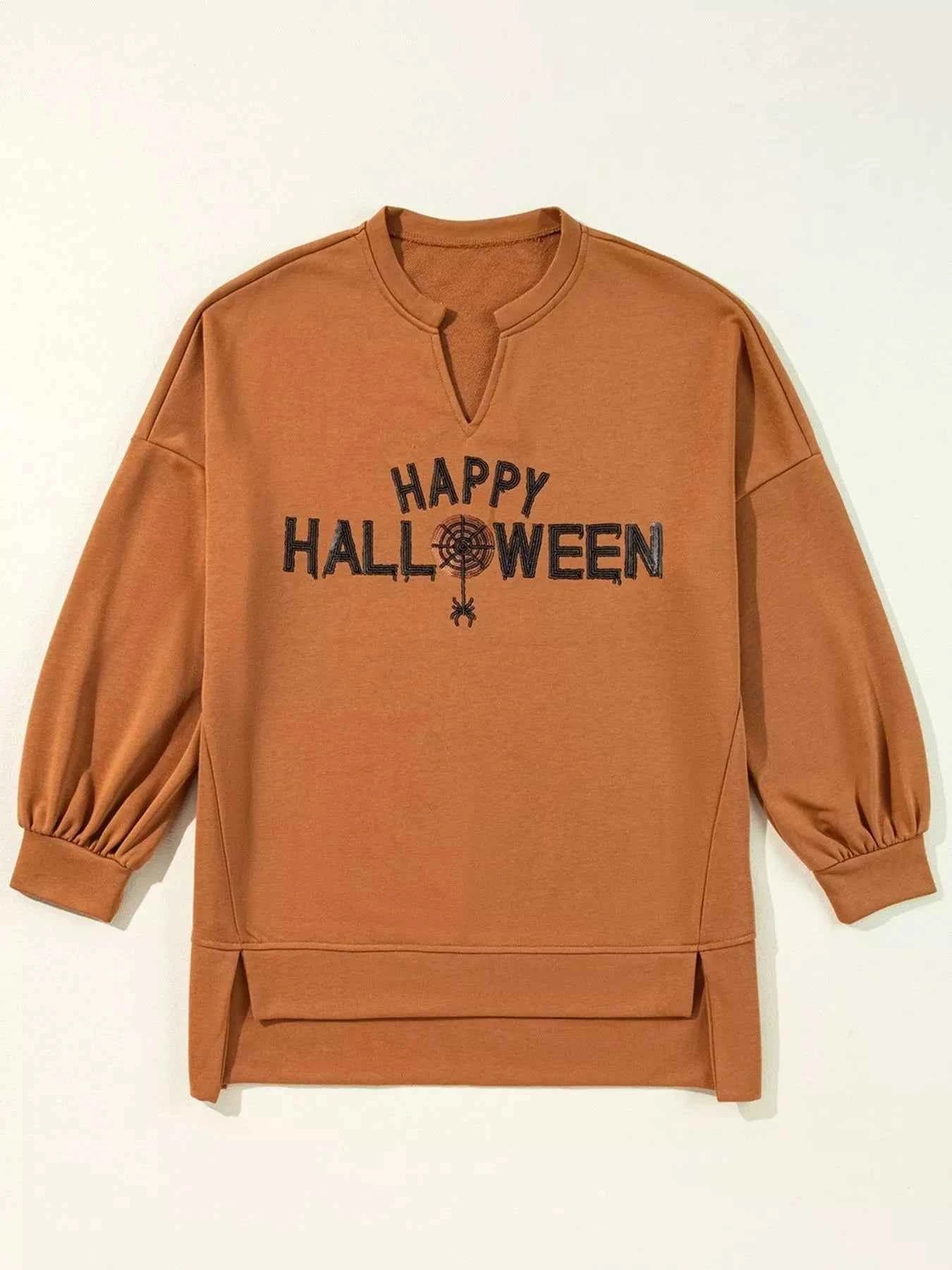 Happy Halloween Graphic Notched Long Sleeve Loose Top