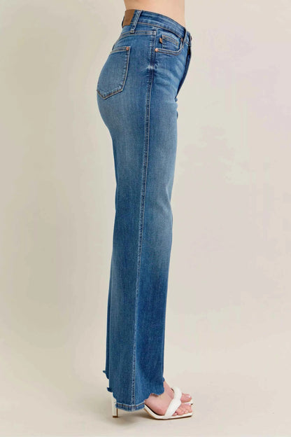 Judy Blue Full Size High Waist Tummy Control Chew Hem Destroy Wide Jeans Plus Size
