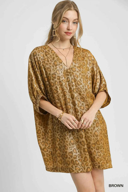 Umgee Metallic Leopard Print V-Neck Kimono Dress