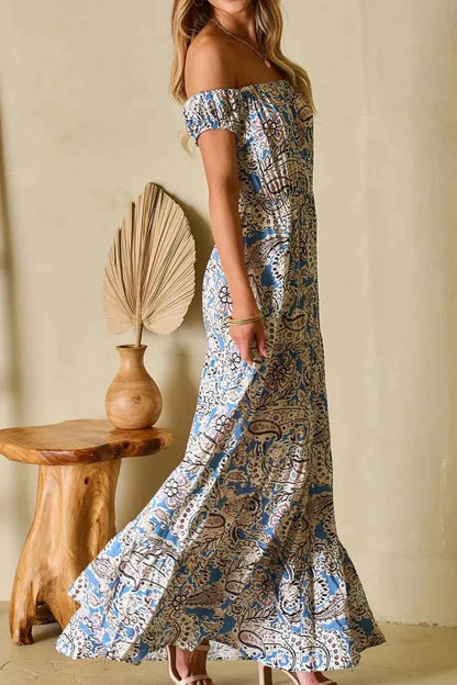Boho Paisley Print Off Shoulder Maxi Dress