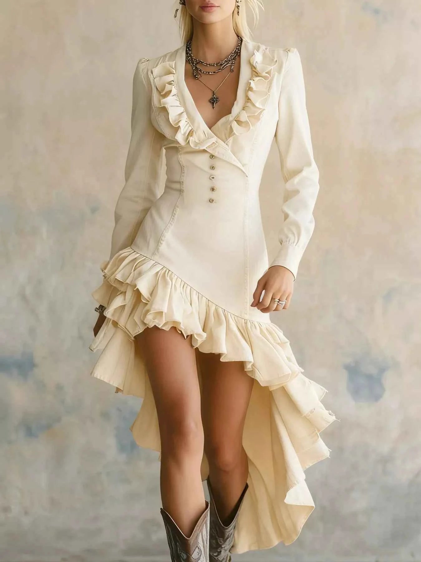 Full Size Ruffled High-Low Denim Dress Plus Size