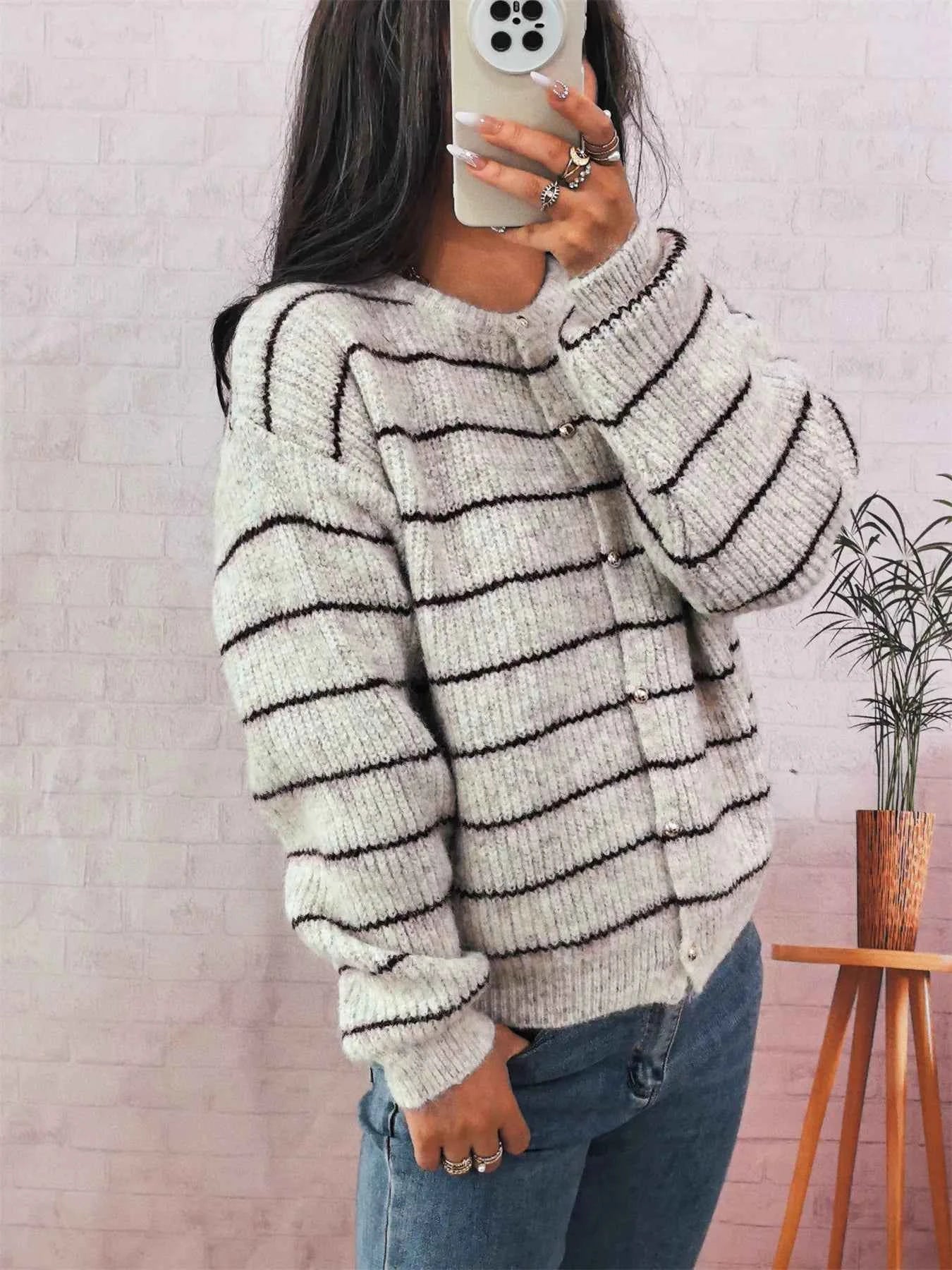 Striped Button Up Long Sleeve Cardigan