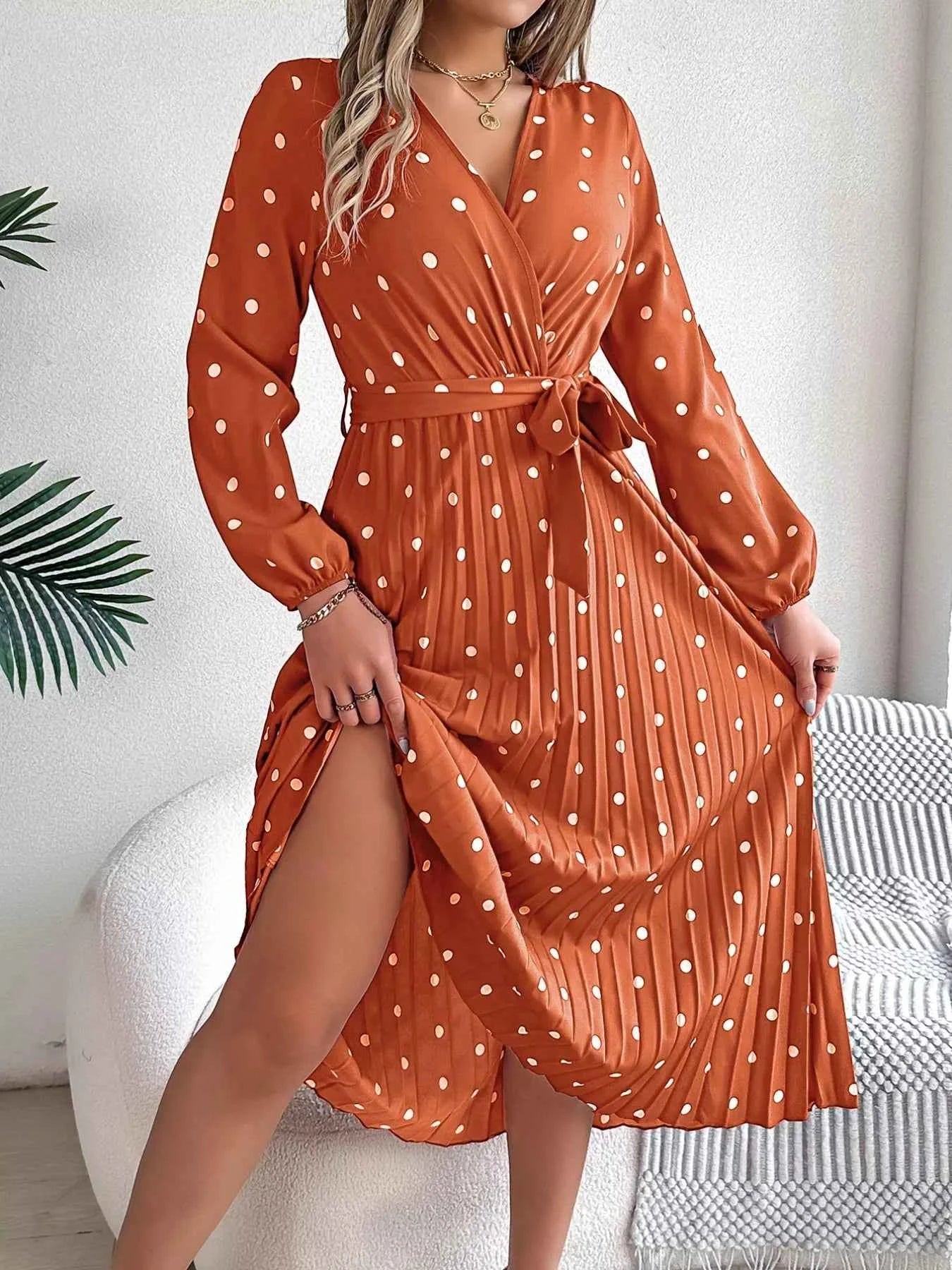Front Tie Polka Dot Midi Pleated Dress