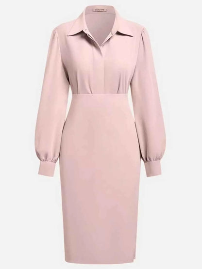 Ruched Midi Shirt Dress with Side Slit
