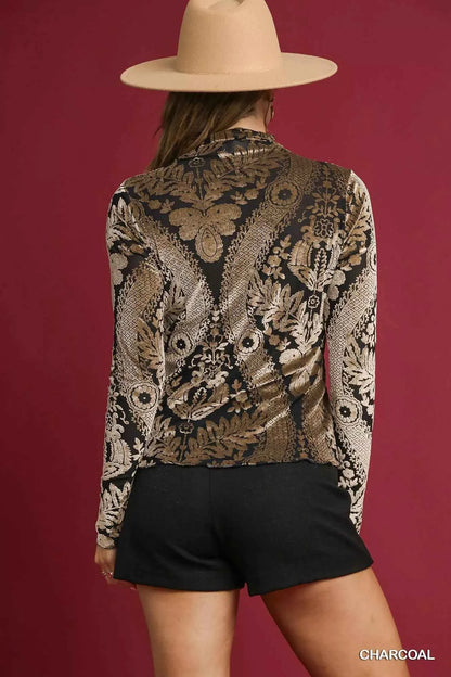 Umgee Damask Print Velvet Burnout Top