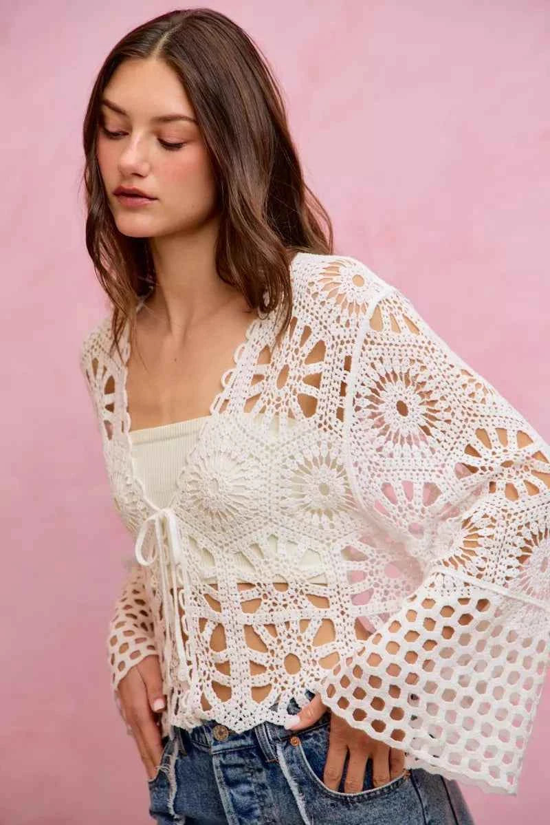 SO ME Floral Pattern Crochet Knit Tie Front Crop Cardigan