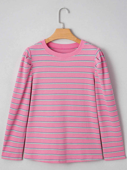 Stripe Textured Knit Round Neck Puff Sleeve Top