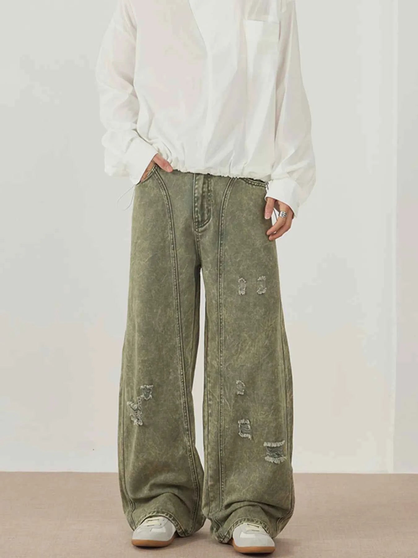 Men's Washed Wide Leg Distressed Pants