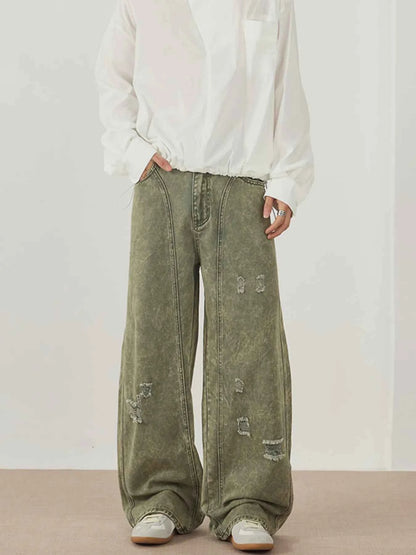 Men's Washed Wide Leg Distressed Pants