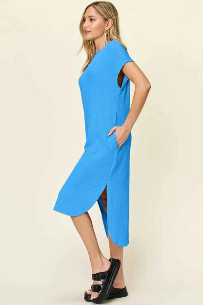 Double Take Full Size Round Neck Short Sleeve Slit Dress