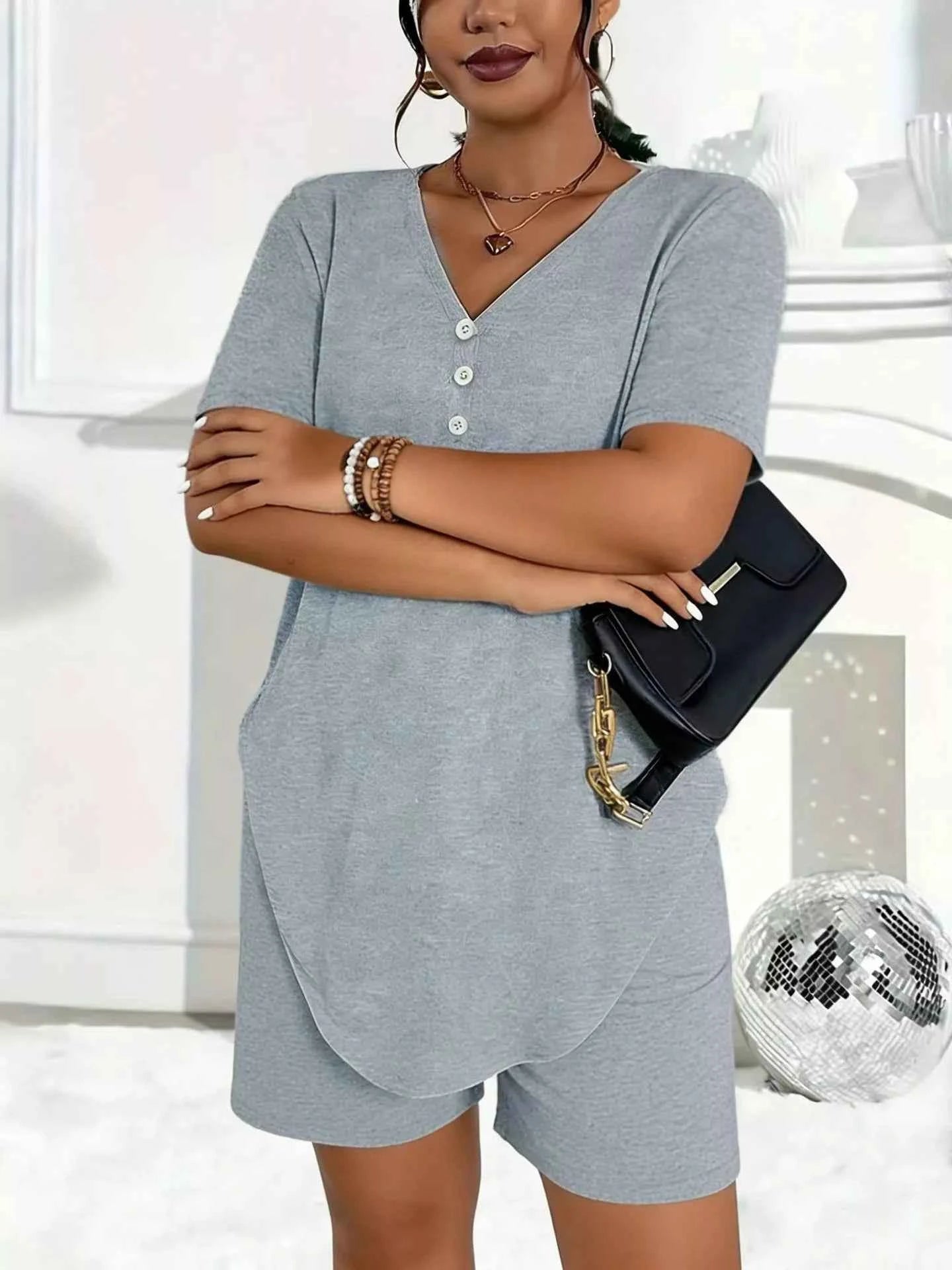 Plus Size V-Neck Short Sleeve Tee and Shorts Set