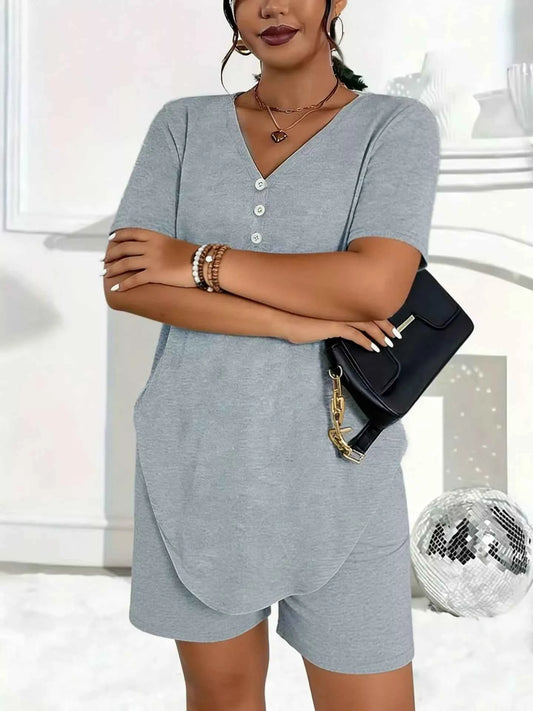 Plus Size V-Neck Short Sleeve Tee and Shorts Set