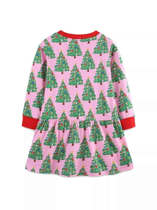 Children's Christmas Tree Print Long Sleeve Dress