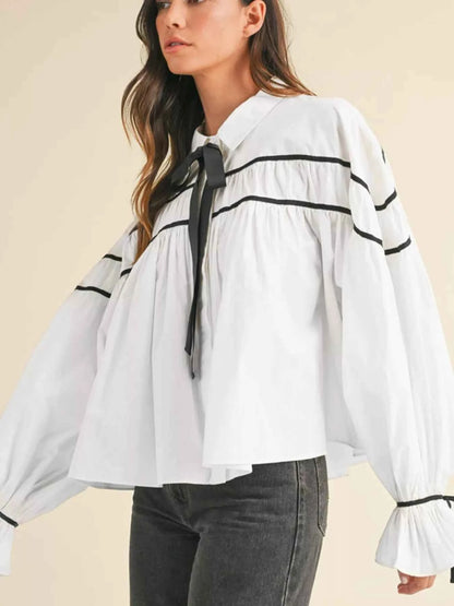 Elegant Contrast Bow-Tie Ruffle Blouse