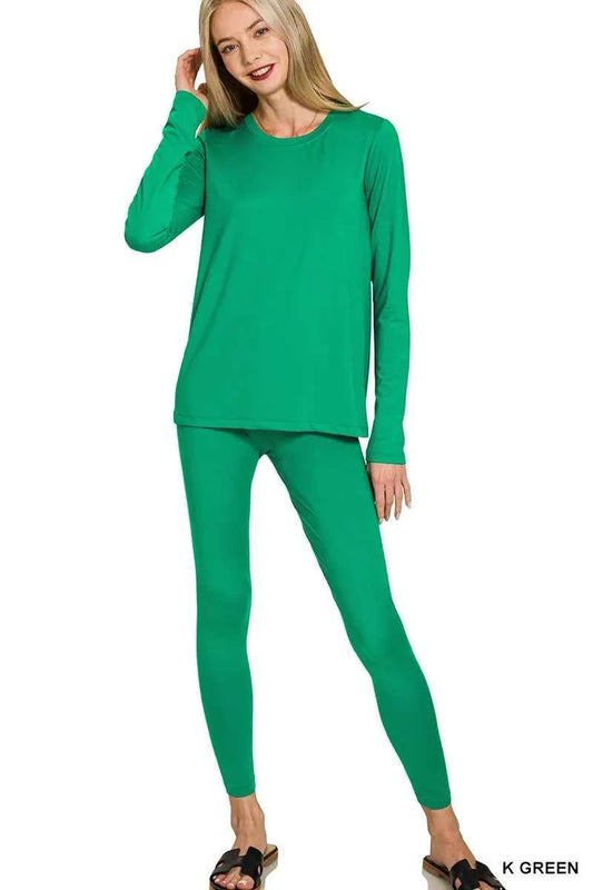 Zenana Microfiber Round Neck Top and Leggings Set