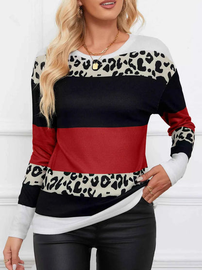 Leopard Color Block Striped Knit Top