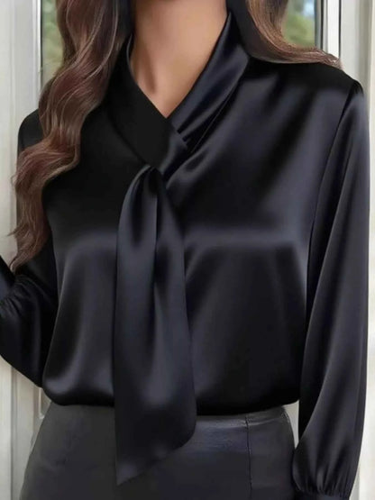 Satin Tie-Neck Long Sleeve Blouse