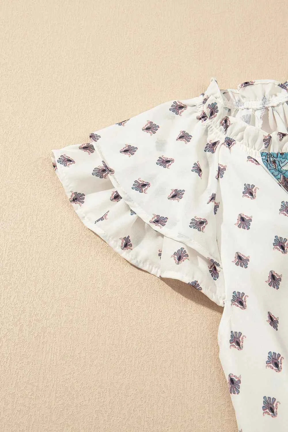 Boho Pattern Tiered Ruffled Sleeve V Neck Buttoned Blouse