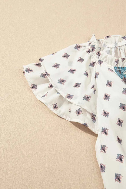 Boho Pattern Tiered Ruffled Sleeve V Neck Buttoned Blouse