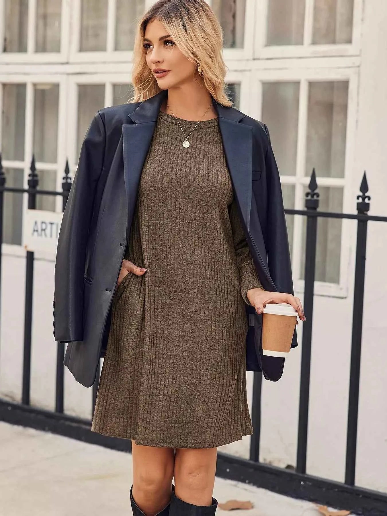 Ribbed Knit Puff Sleeve Casual Mini Dress