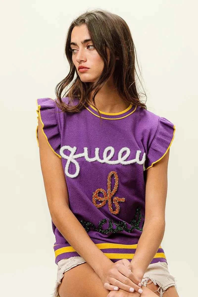 BiBi Queen Of Mardi Ruffled Armhole Sleeveless Knit Top
