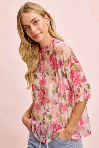 BiBi Floral Print Short Sleeves Boxy Mesh Top