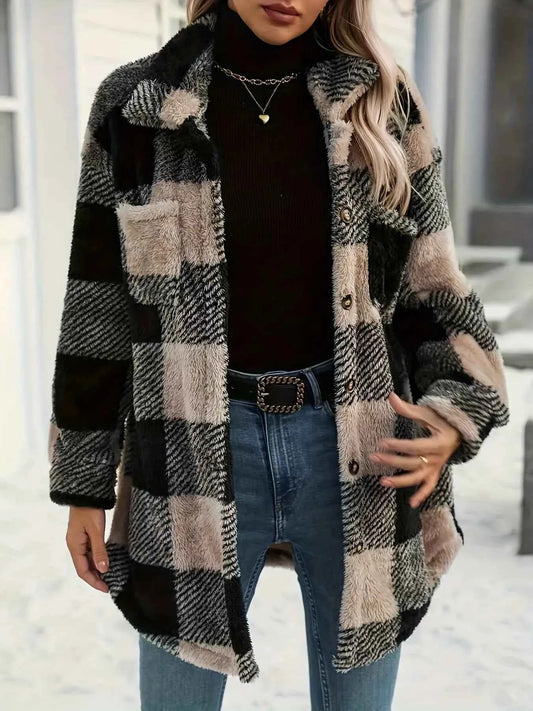 Button Down Collared Neck Plaid Teddy Coat with Pockets