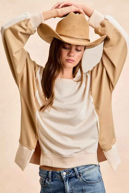 BiBi French Terry Color Block Top With Open Seam Detail