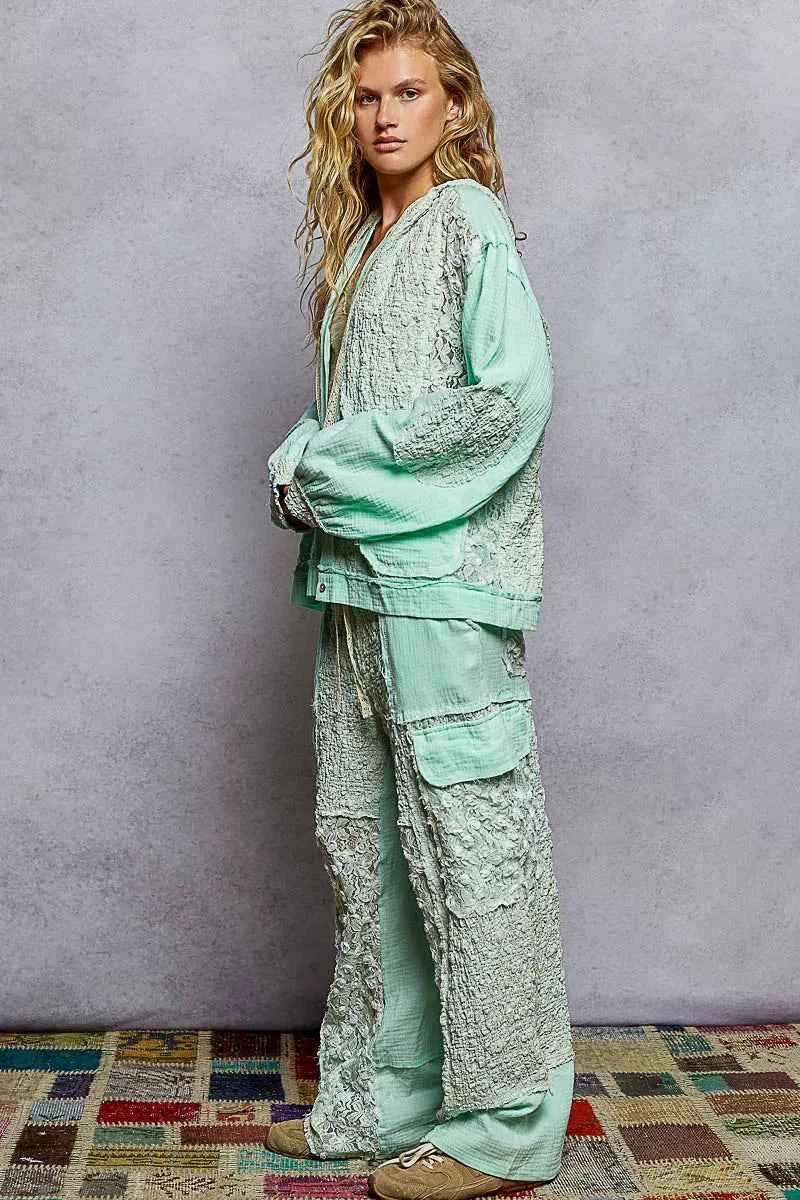 POL Exposed Seam Button Down Hooded Jacket with Lace Detail