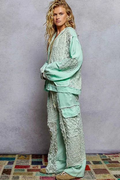 POL Exposed Seam Button Down Hooded Jacket with Lace Detail