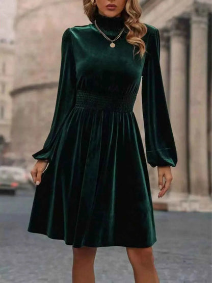 Velvet High Neck Long Sleeve A-Line Dress